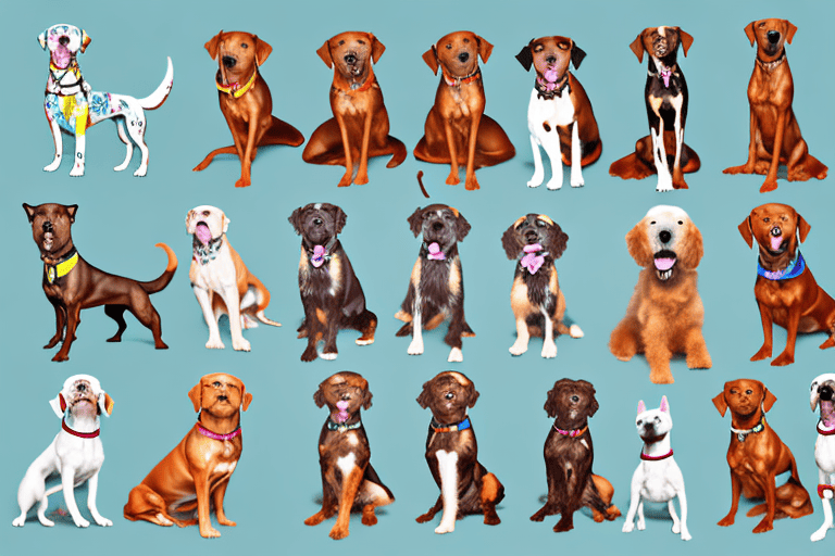 Various lively and colorful dog breeds that start with the letter 'v'