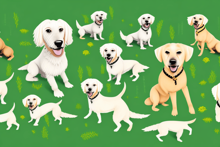 Several different blonde dog breeds happily playing together in a grassy park