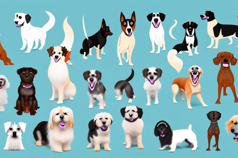 Various breeds of dogs in mid-bark