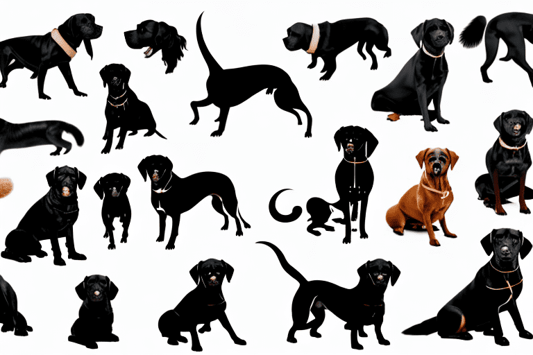 Several different breeds of black dogs with pointy ears in various poses