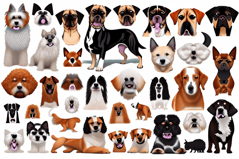 Various popular dog breeds in a stylized