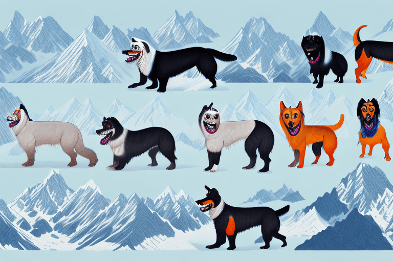 Several unique nepalese dog breeds in a picturesque himalayan landscape