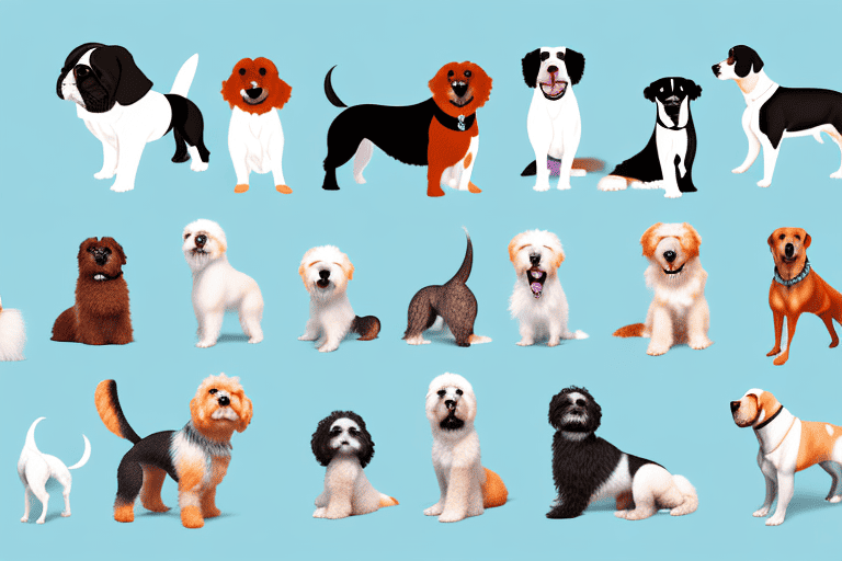 Several different breeds of medium-sized dogs in various poses