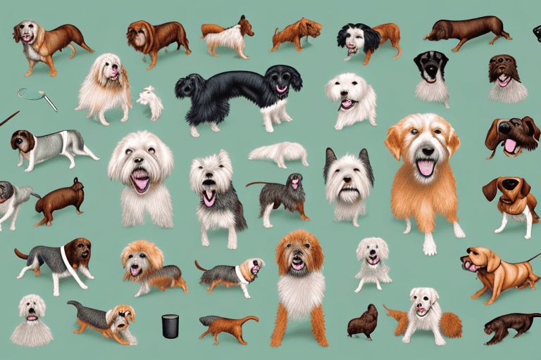 Several different types of orvis dog breeds in a playful outdoor setting