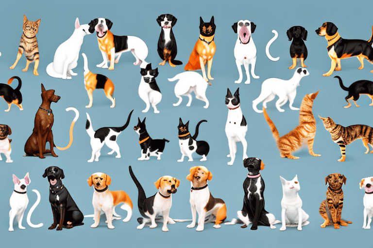 Several different dog breeds looking curiously or aggressively at a scared cat