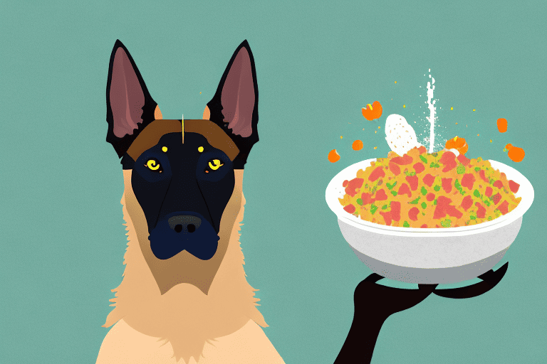 A belgian malinois happily eating from a bowl filled with high-quality dog food