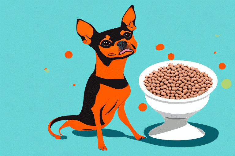 A healthy and energetic miniature pinscher happily eating from a bowl filled with nutritious dog food