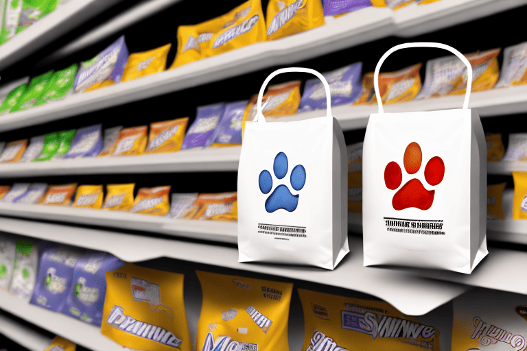 A variety of showtime dog food bags placed on a store shelf