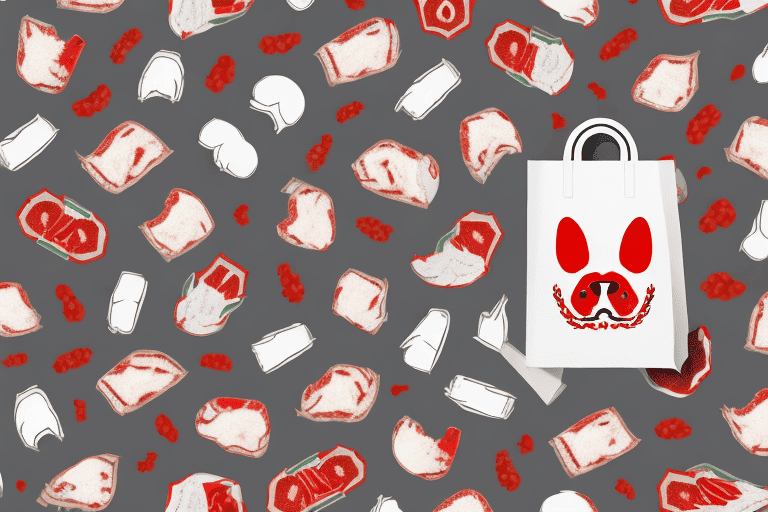 A red flannel patterned dog food bag with a stylized dog silhouette on it