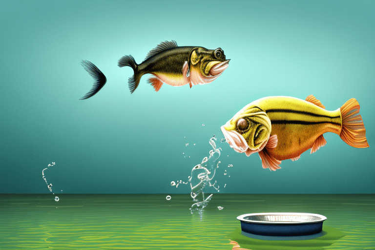 A bass fish curiously approaching a floating piece of dog food in a pond