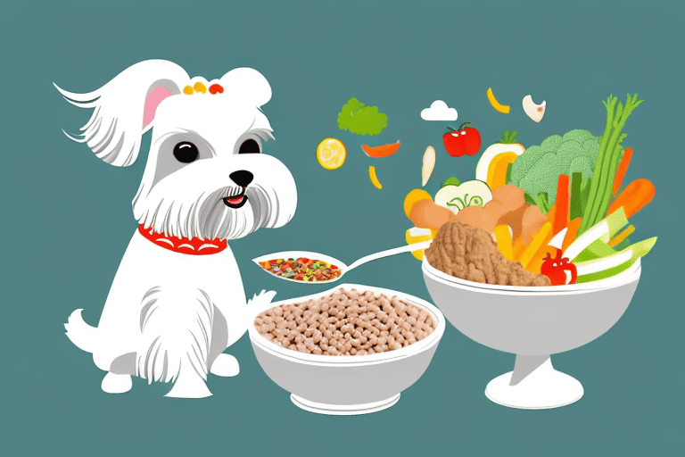 A cute maltese dog happily eating from a bowl filled with high-quality dog food