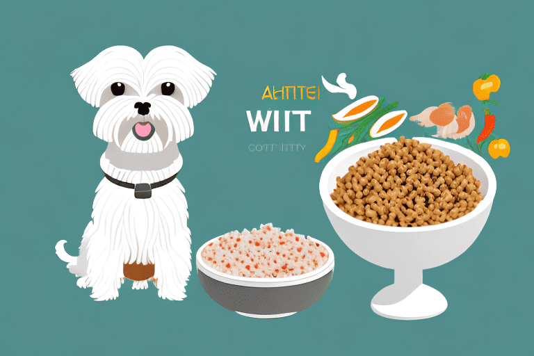 A healthy-looking maltese dog happily eating from a bowl filled with high-quality dog food