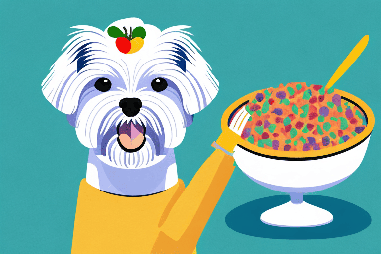 A maltese dog happily eating from a bowl filled with nutritious and colorful dog food