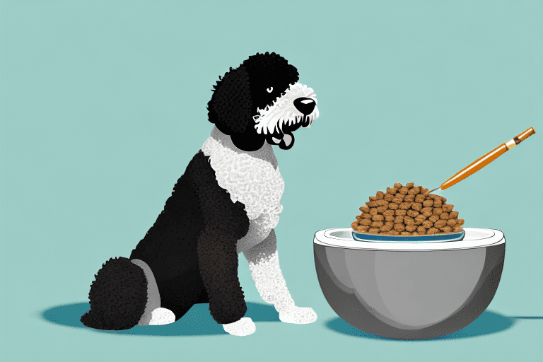 A portuguese water dog sitting next to a bowl filled with a healthy portion of dog food