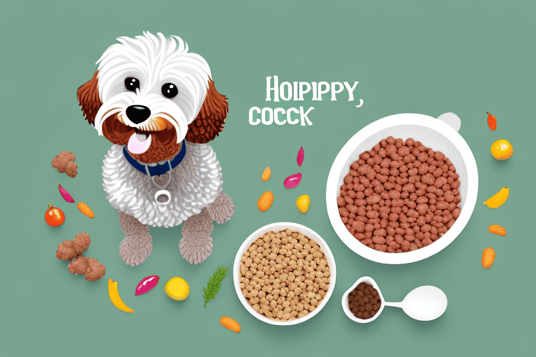 A happy and healthy cockapoo dog sitting next to a bowl filled with nutritious dog food