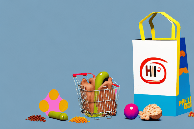 A hi point dog food bag next to a shopping basket