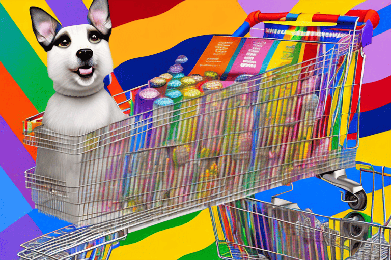 A shopping cart filled with colorful cans of pride dog food