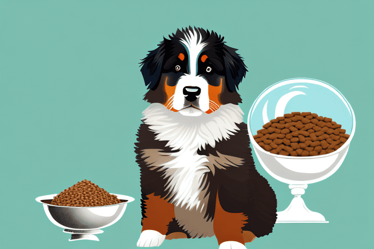 A bernese mountain dog puppy sitting next to a bowl filled with an appropriate amount of dog food