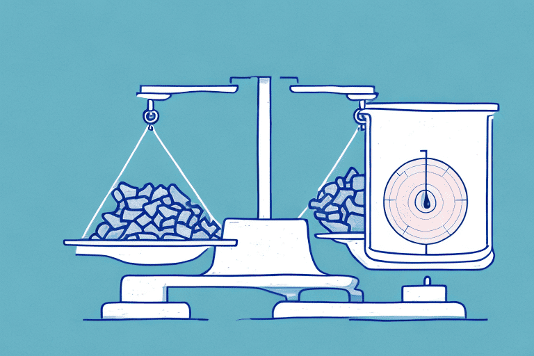 A scale balancing a quart container on one side and a pound of dog food on the other