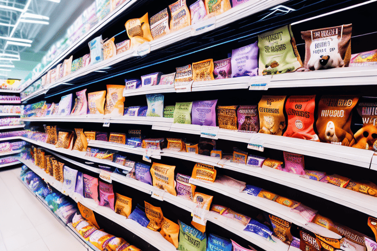 A shopping cart filled with bags of evermore dog food