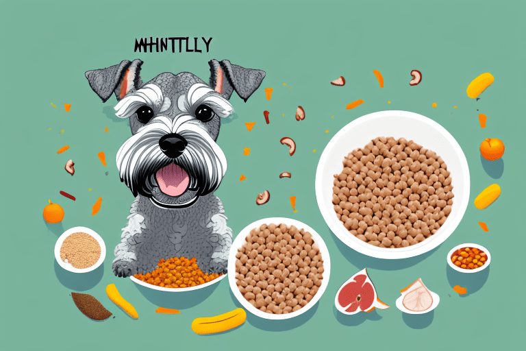 A miniature schnauzer happily eating from a bowl filled with nutritious dog food