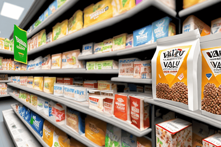 A variety of valu-pak dog food bags arranged on a store shelf