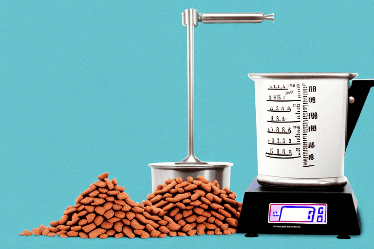 A pile of dog food next to a scale showing 24 pounds and several measuring cups