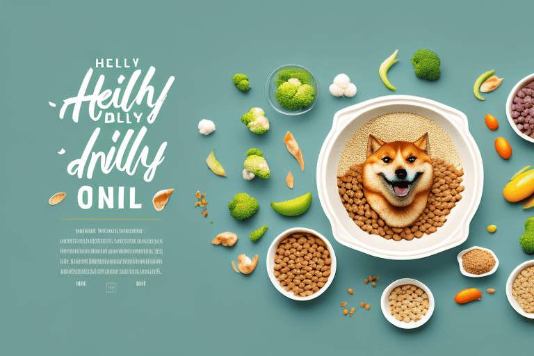 A healthy shiba inu happily eating from a bowl filled with nutritious dog food