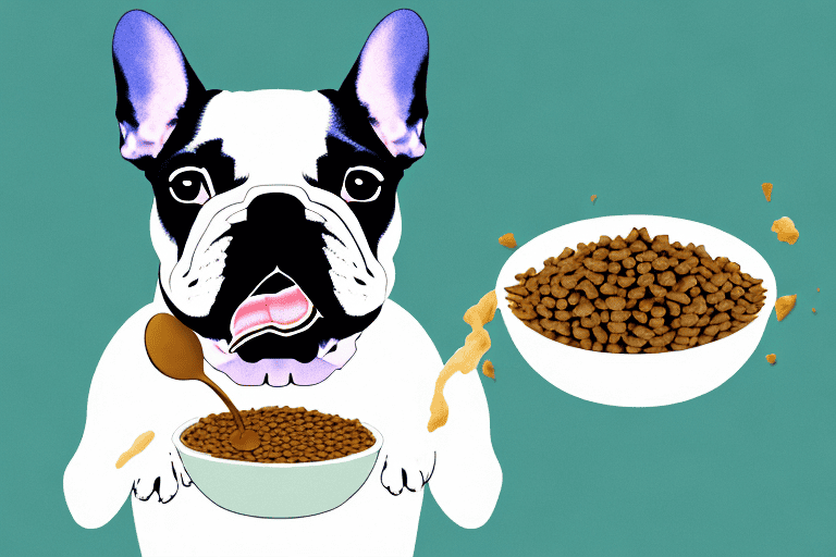 A french bulldog happily eating from a bowl filled with nutritious dog food