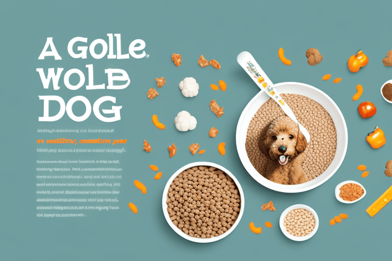 A goldendoodle happily munching on a bowl of nutritious dog food