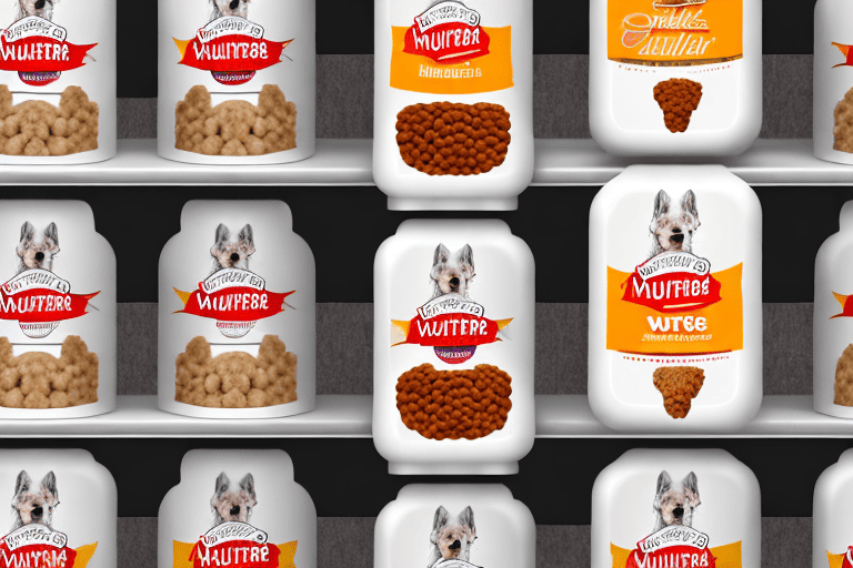 A variety of muenster dog food packages on a store shelf