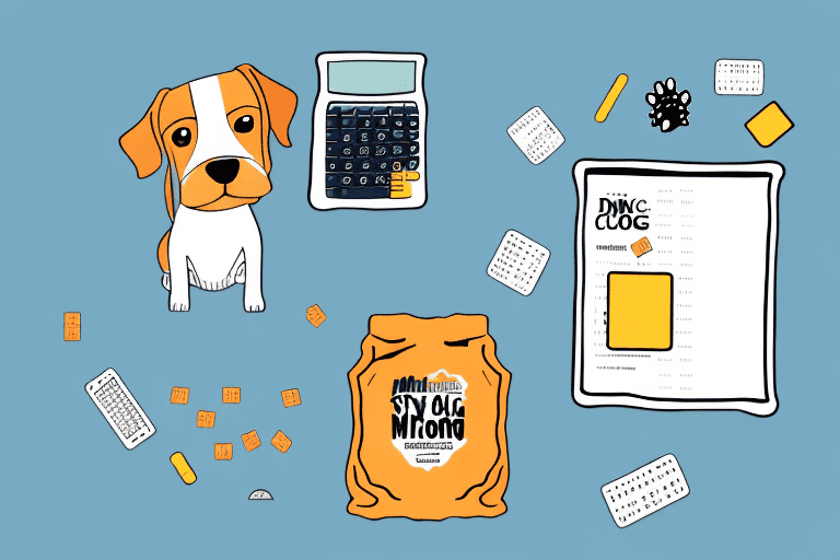 A dog sitting next to a large bag of dog food with a calculator resting on top of it