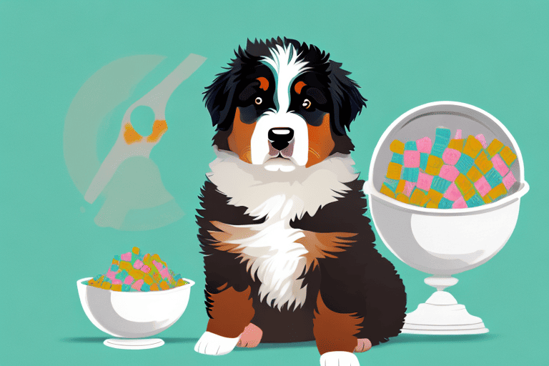 A cute bernese mountain dog puppy sitting next to a bowl filled with the appropriate amount of puppy food