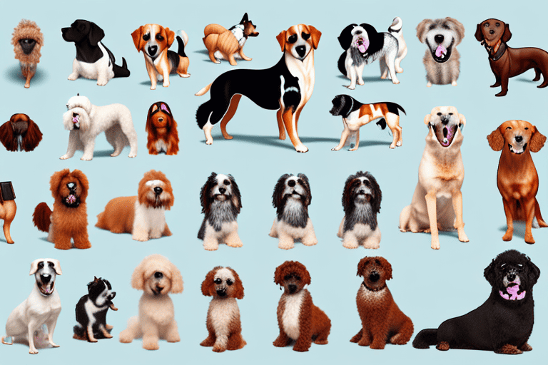 Various breeds of dogs in different poses and sizes