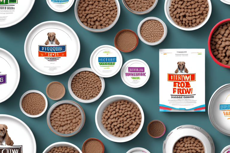 Several different dog food brands in bowls