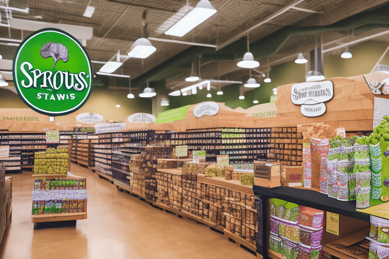 A sprouts farmers market store with a variety of dog food bags displayed in the window