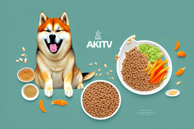 An akita dog happily eating from a bowl filled with nutritious dog food