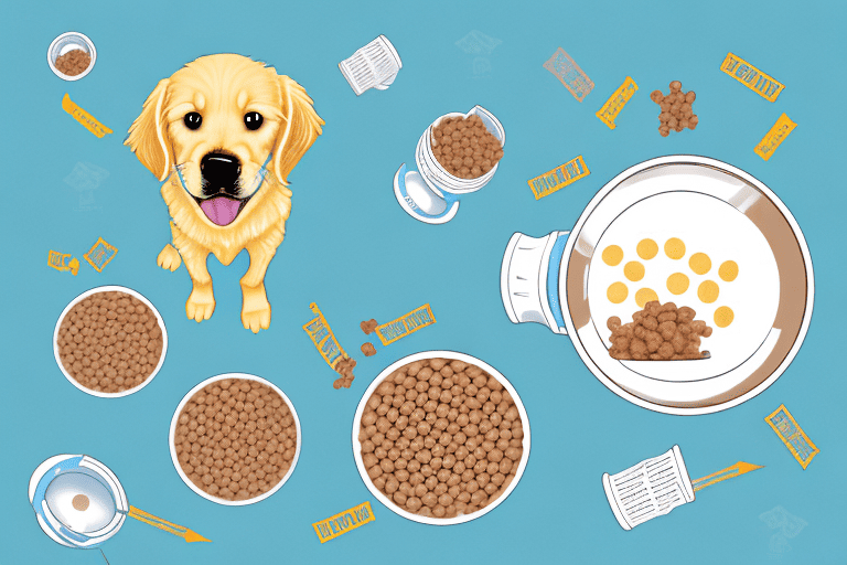 A golden retriever puppy curiously sniffing at a bowl of dog food