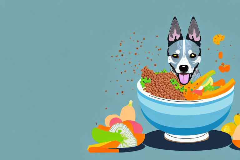 A blue heeler dog happily eating from a bowl filled with nutritious dog food