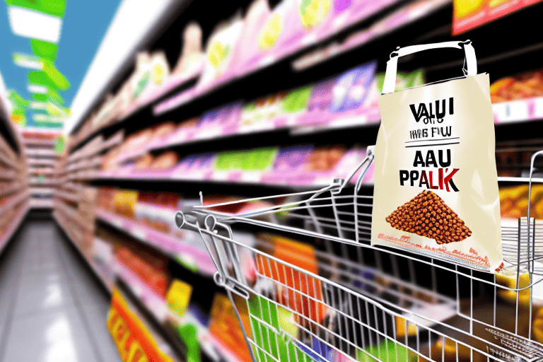 A bag of valu pak dog food in a shopping cart