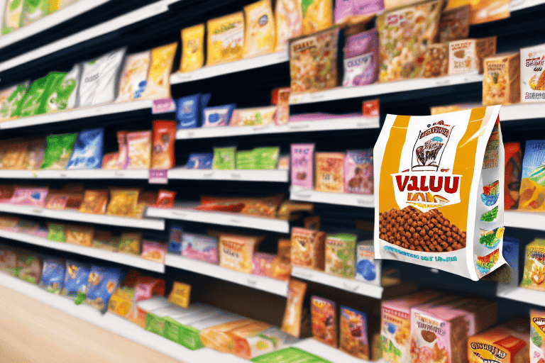 A variety of valu-pak dog food bags placed on a store shelf with a pet aisle background