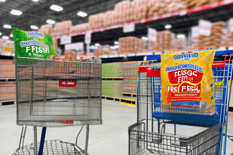 A costco store with a shopping cart filled with freshpet dog food bags in the foreground