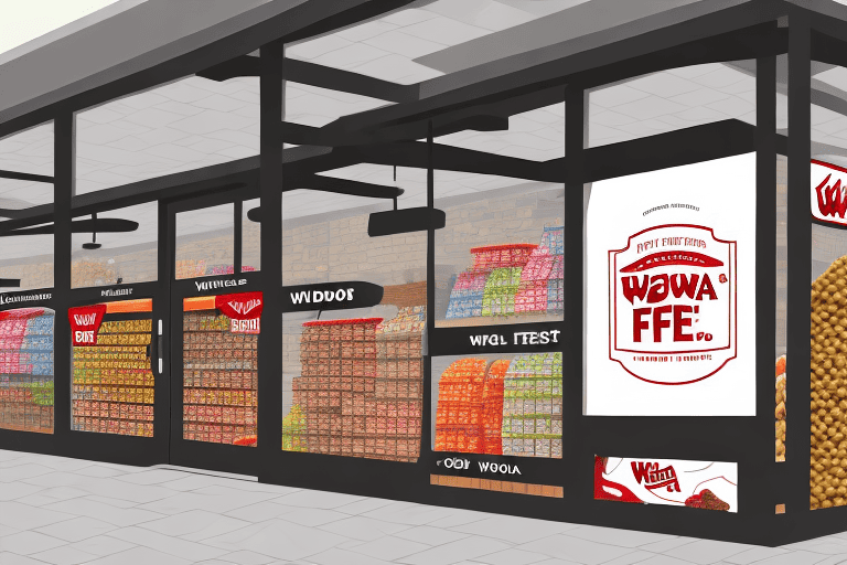 A wawa store with a variety of dog food packages displayed in the window