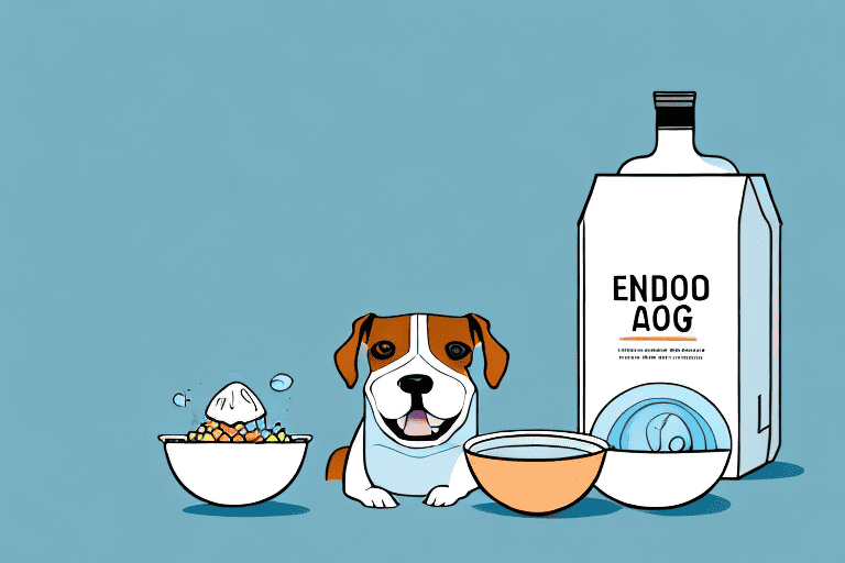 A dog sitting next to a bowl of food with a bottle of endosorb nearby