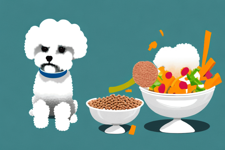 A bichon frise happily eating from a bowl filled with nutritious dog food