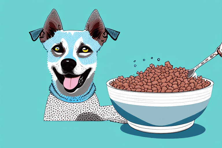 A blue heeler dog happily eating from a bowl filled with nutritious dog food