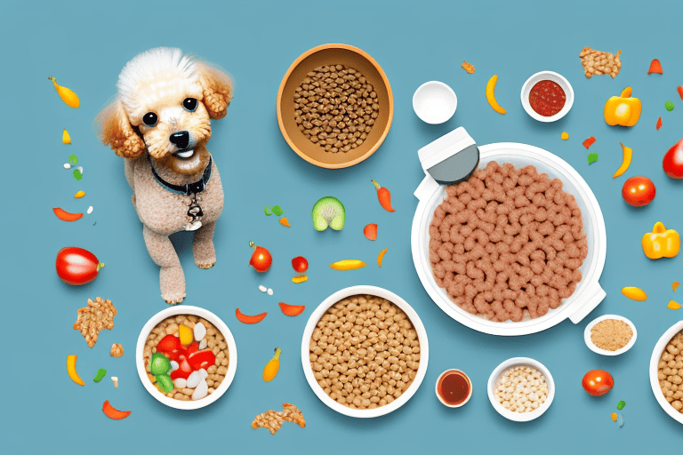 A toy poodle happily eating from a bowl filled with high-quality dog food