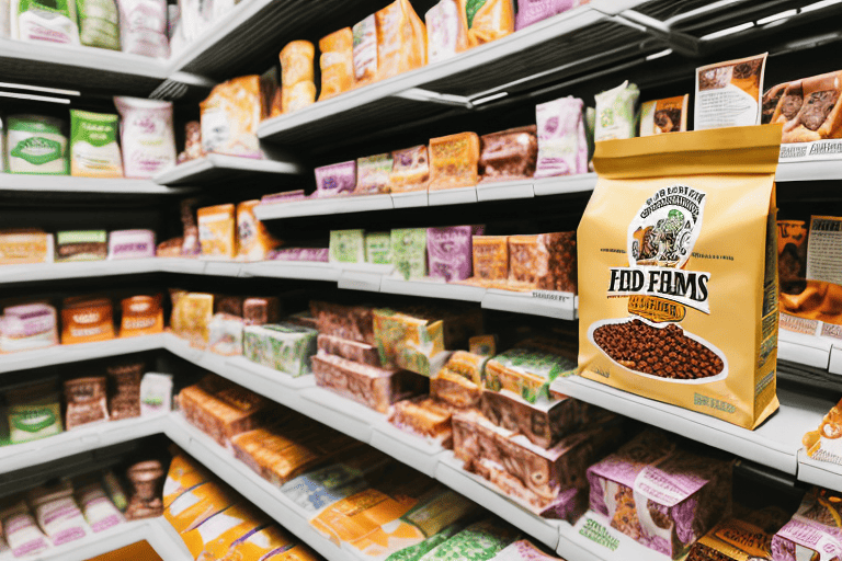 A variety of ashland farms dog food products on a store shelf