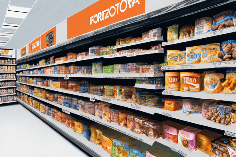 A variety of forza10 dog food packages placed on a store shelf