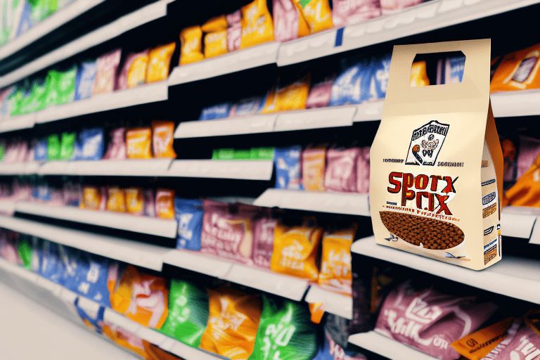 Several bags of sportmix dog food on a store shelf